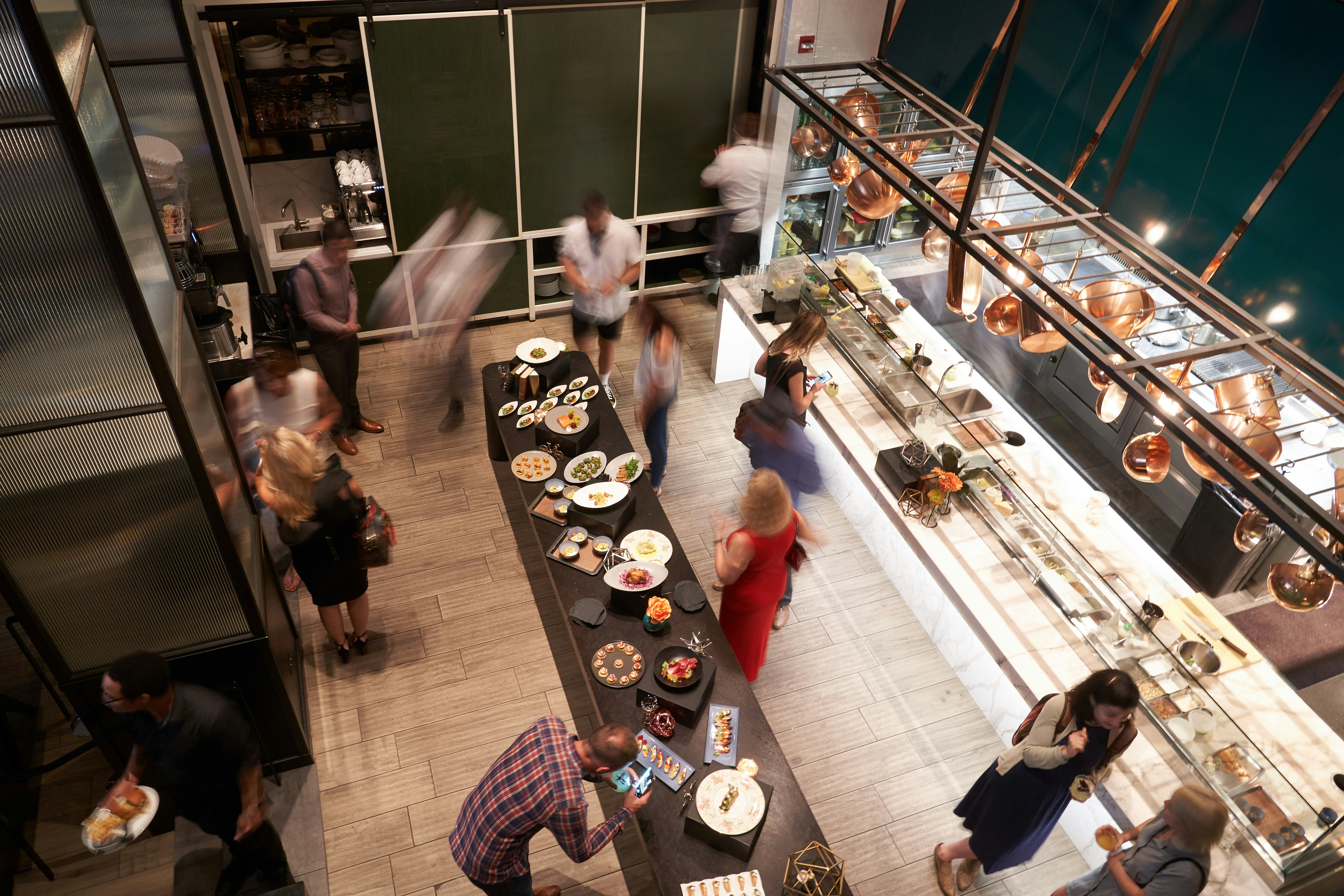 Busy restaurant service area viewed from above